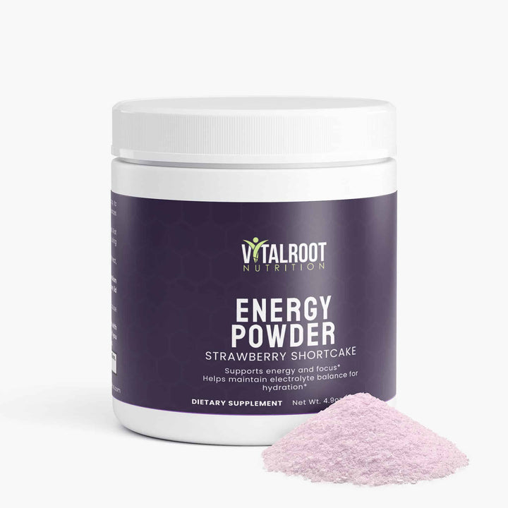 Vitalroot Nutrition Energy Powder container with pink powder on a white background