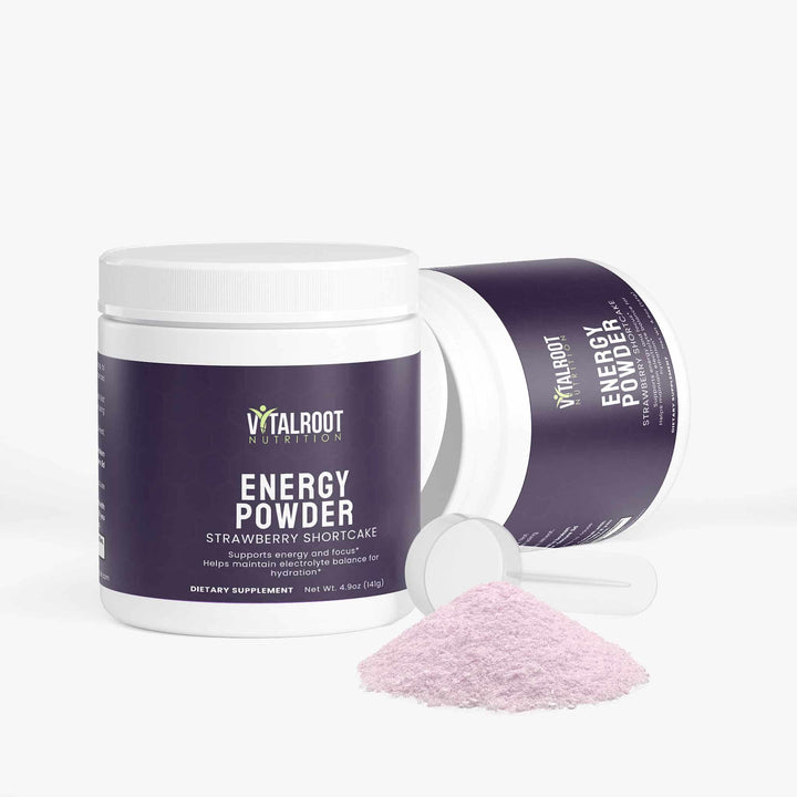 Vitalroot Energy Powder container with pink powder on a white background