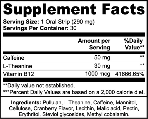Energy Strips | Fast Acting Caffeine & B12 Boost with L-Theanine | (30 Strips)