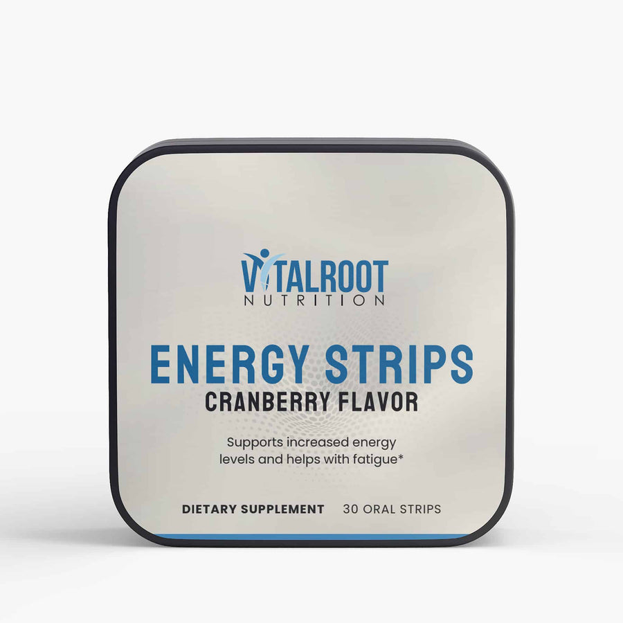 Vitalroot Nutrition Energy Strips packaging with cranberry flavor on a white background
