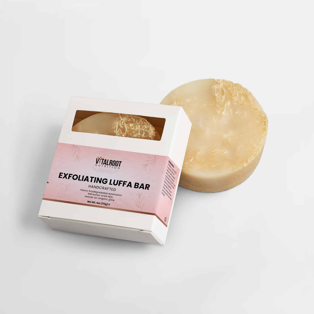 Exfoliating Luffa bar with packaging on a light gray background