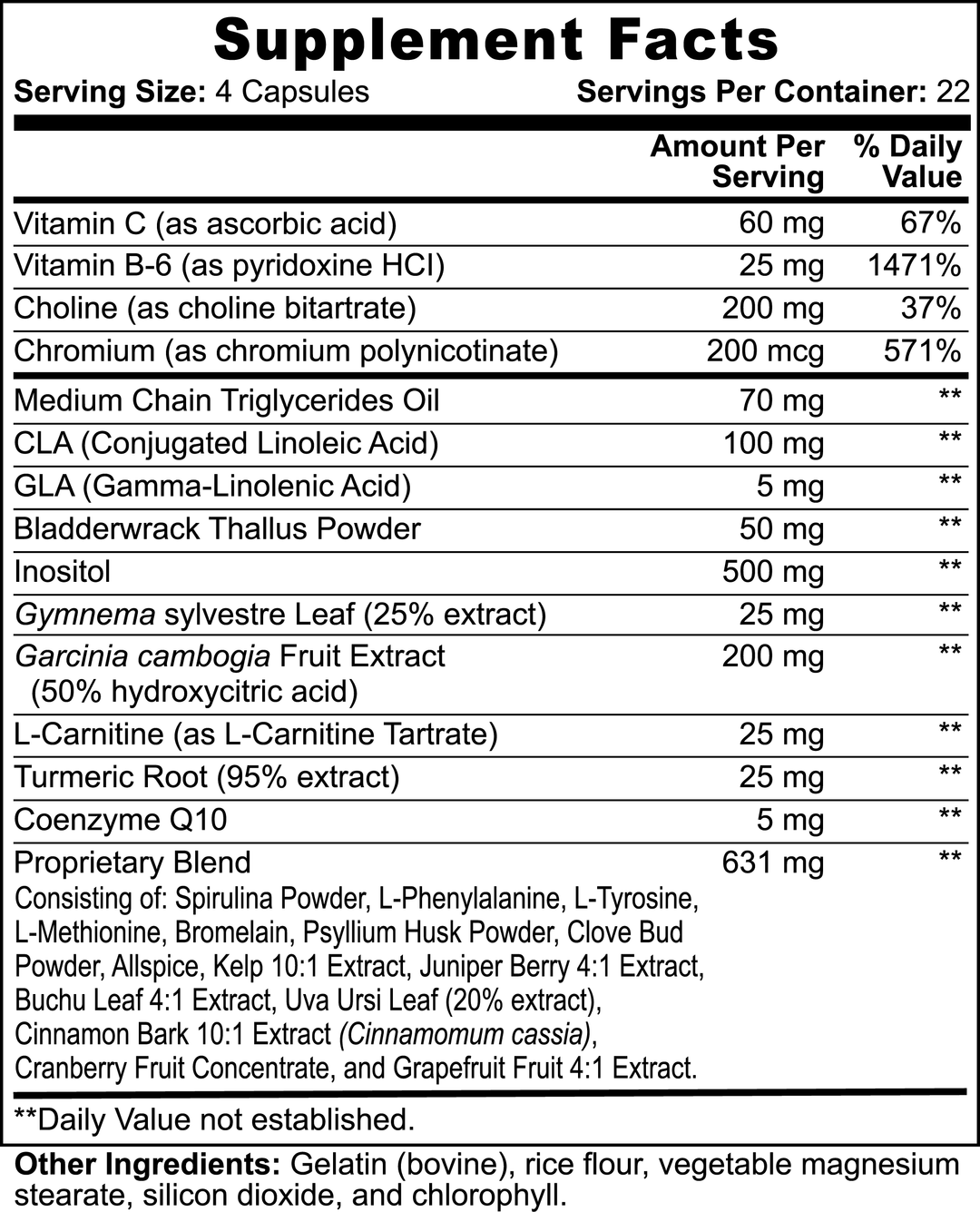 Supplement facts label with various nutrients listed and their amounts per serving.