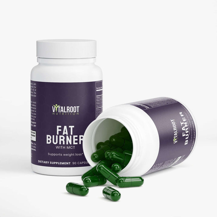 Vitalroot Fat Burner supplement bottle with green capsules on a white background