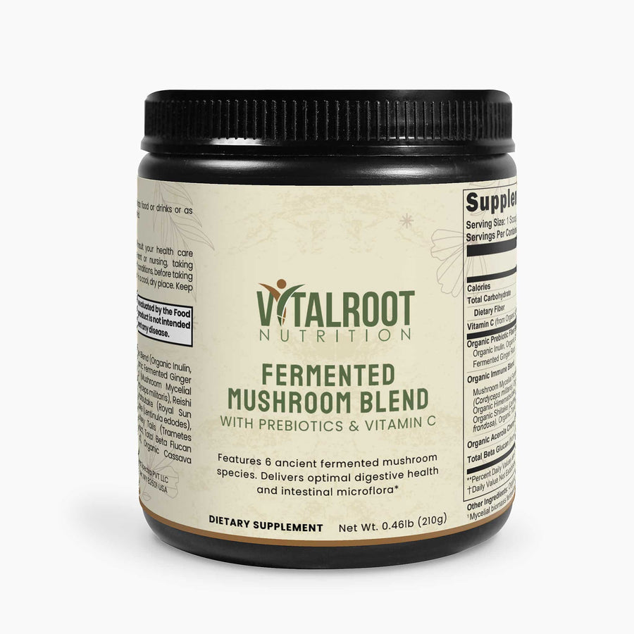 Vitalroot Nutrition Fermented Mushroom Blend supplement container on a white background