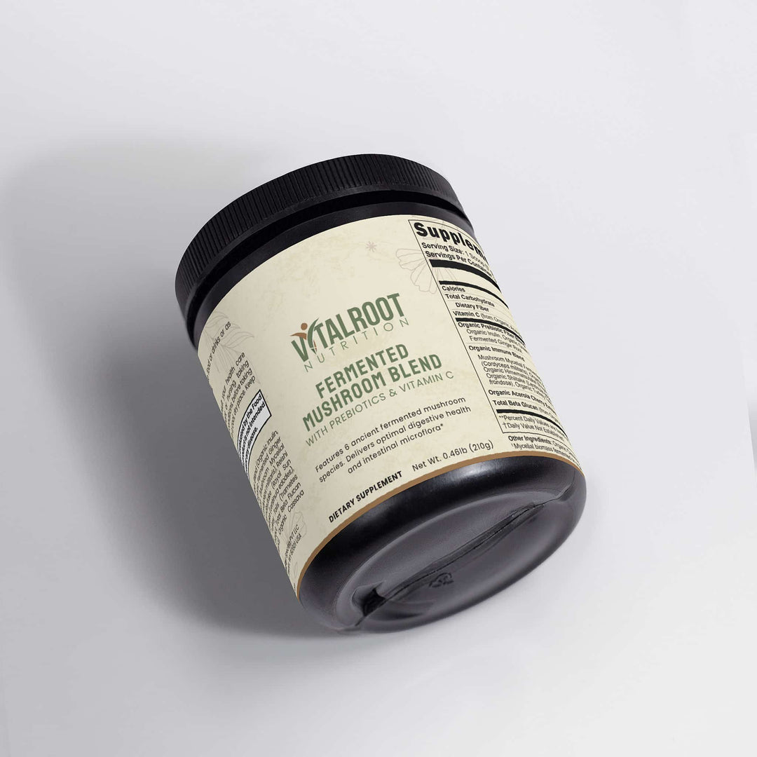 Vitalroot mushroom blend supplement container on a light gray background