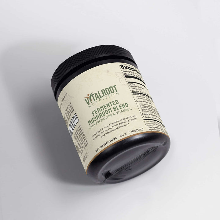 Vitalroot mushroom blend supplement container on a light gray background