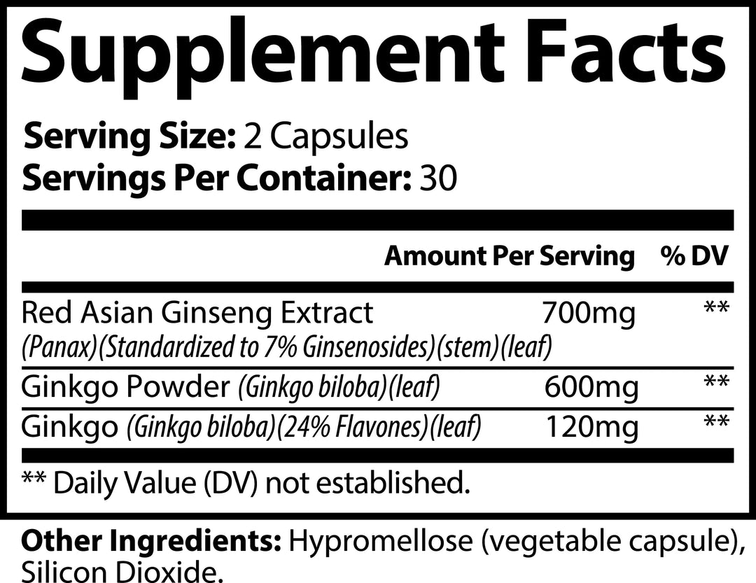 Ginkgo Biloba + Ginseng | Cognitive & Mental Clarity Support Supplement | (60 Capsules)