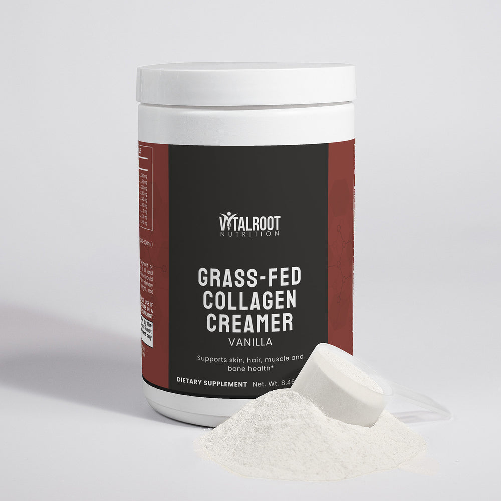Container of Vitalroot Grass-Fed Collagen Creamer on a light gray background