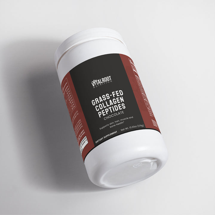 Container of Vitalroot Grass-Fed Collagen Peptides on a gray background