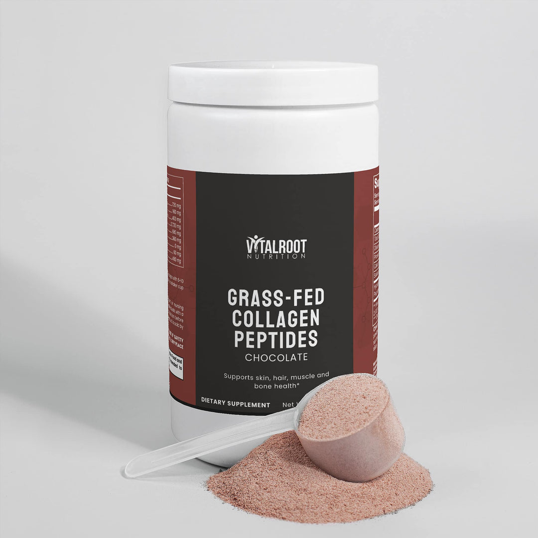 Container of grass-fed collagen peptides with a scoop of powder on a light gray background