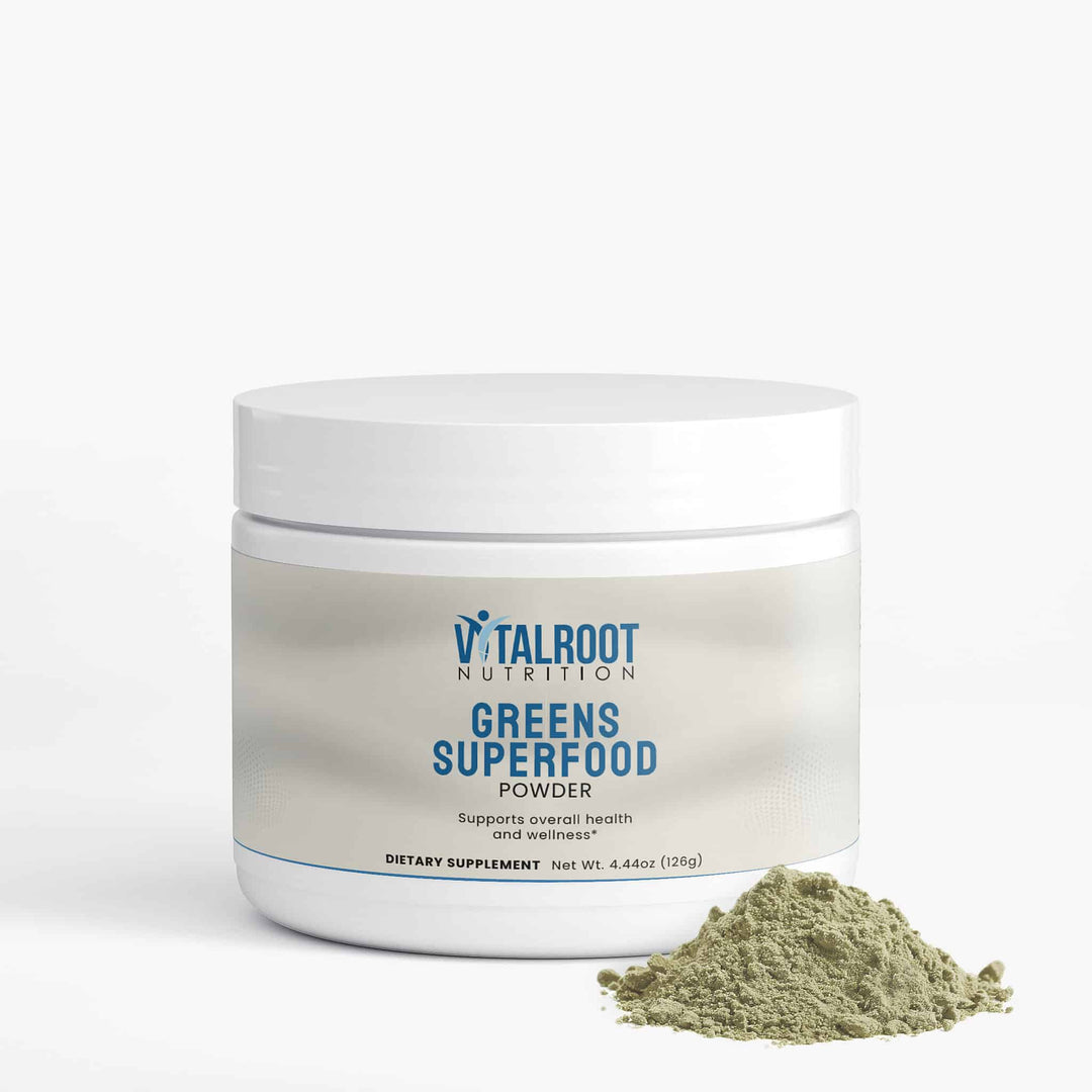 Jar of Vitalroot Nutrition Greens Superfood Powder on a white background 126g