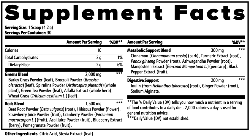 Supplement facts label with detailed nutritional information.