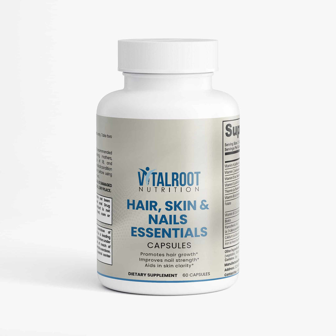 Supplement bottle labeled 'Hair, Skin & Nails Essentials' by Vitalroot Nutrition on a white background