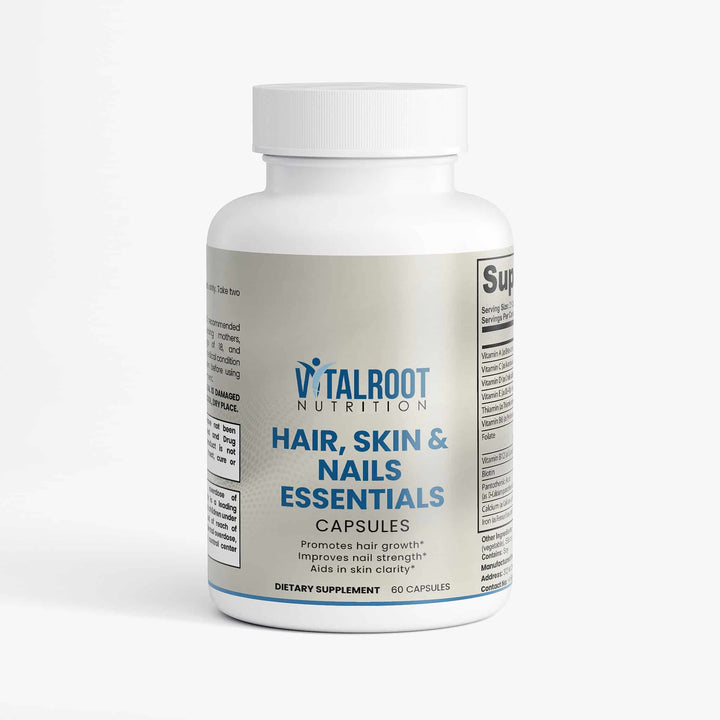 Supplement bottle labeled 'Hair, Skin & Nails Essentials' by Vitalroot Nutrition on a white background
