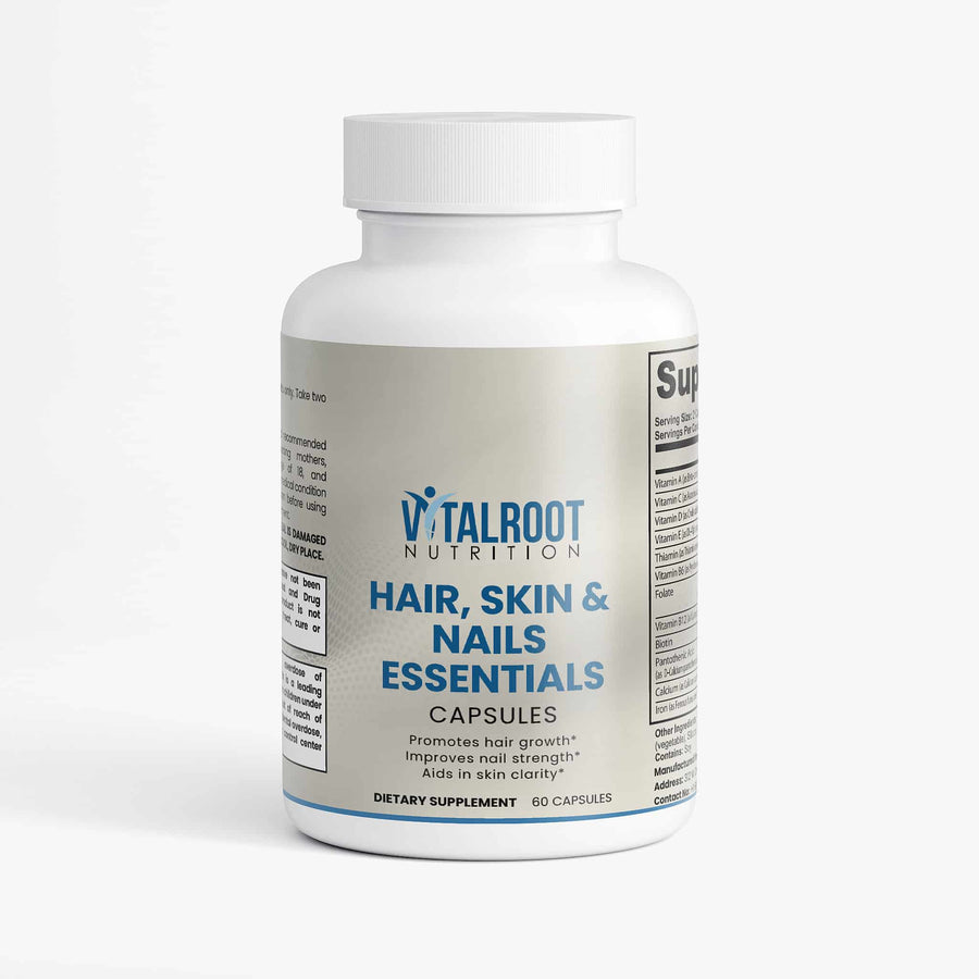 Supplement bottle labeled 'Hair, Skin & Nails Essentials' by Vitalroot Nutrition on a white background
