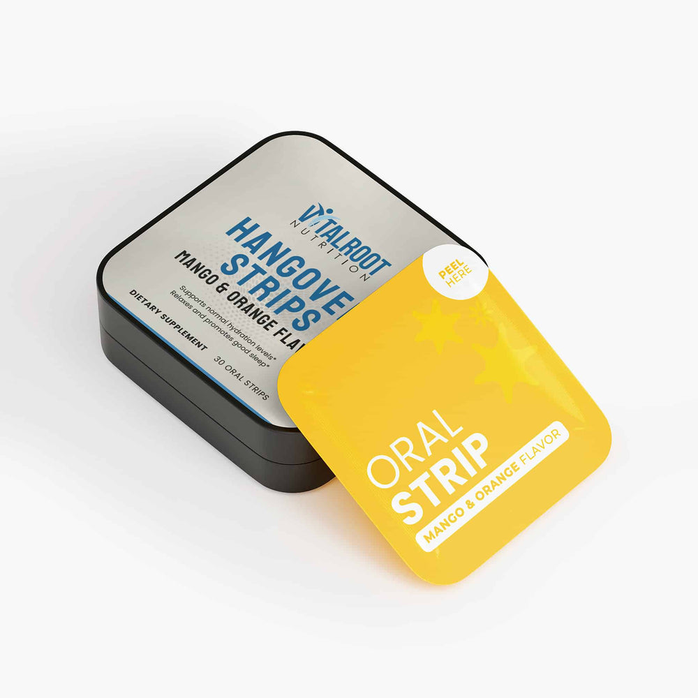Yellow and black tin with 'Talbot Nutrition' oral strip packaging on a white background