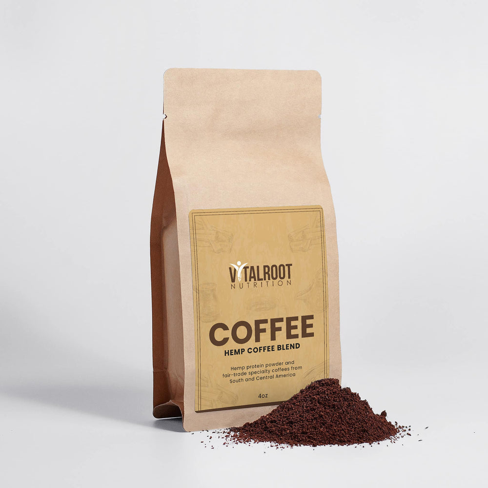 Kraft paper coffee bag with 'Vitalroot Nutrition' label on a white background
