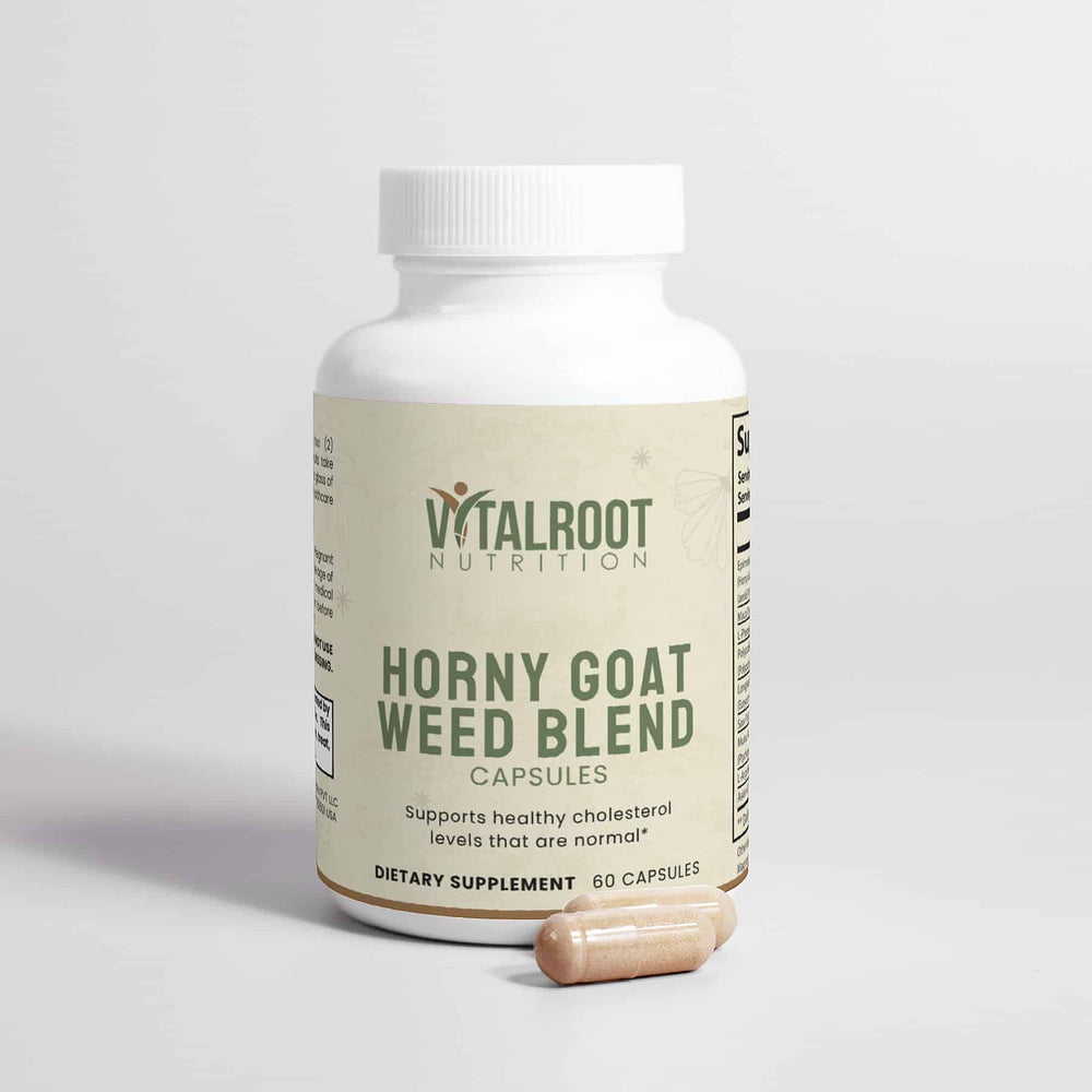 Vitalroot Nutrition Horny goat weed blend supplement bottle on a light gray background