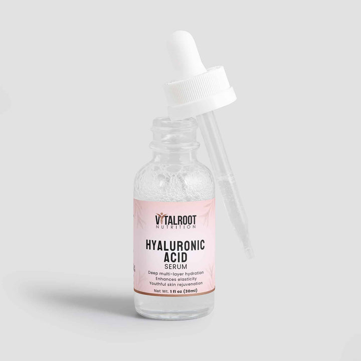 Bottle of Vitalroot Nutrition Hyaluronic Acid Serum on a light gray background