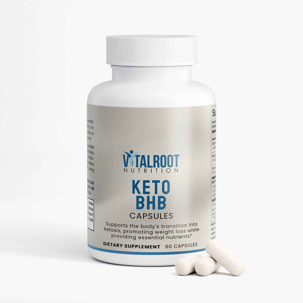 Vitalroot Nutrition Keto BHB Capsules bottle with two capsules on a white background