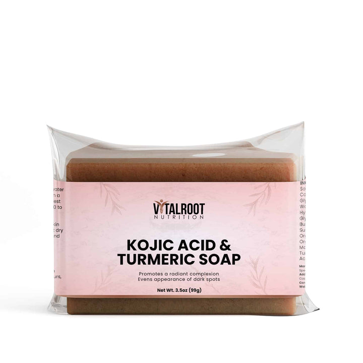 Kojic Acid & Turmeric Soap packaging with 'Vitalroot Nutrition' branding on a white background