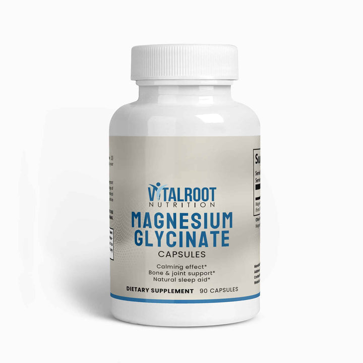 Supplement bottle labeled 'Vitalroot Nutrition Magnesium Glycinate' on a white background