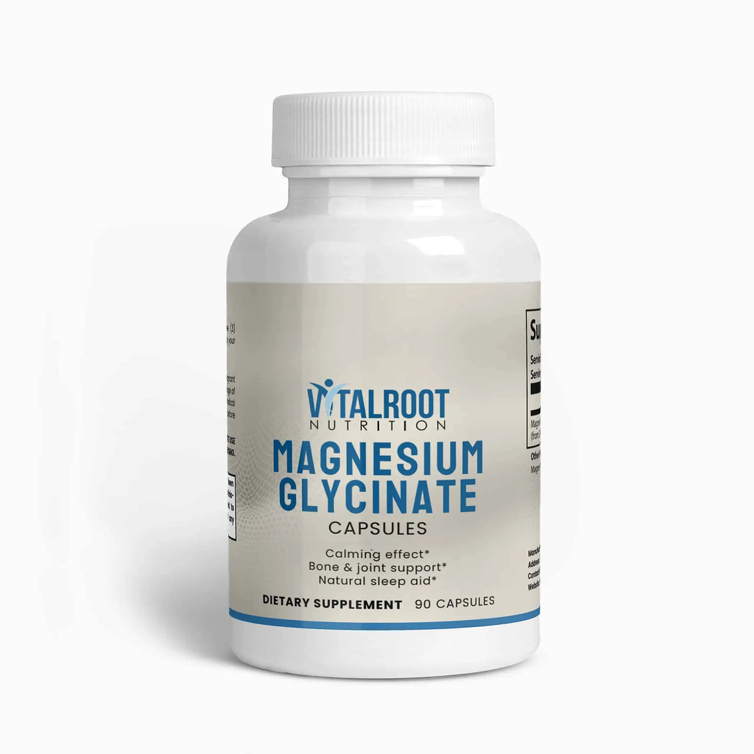 Supplement bottle labeled 'Vitalroot Nutrition Magnesium Glycinate' on a white background