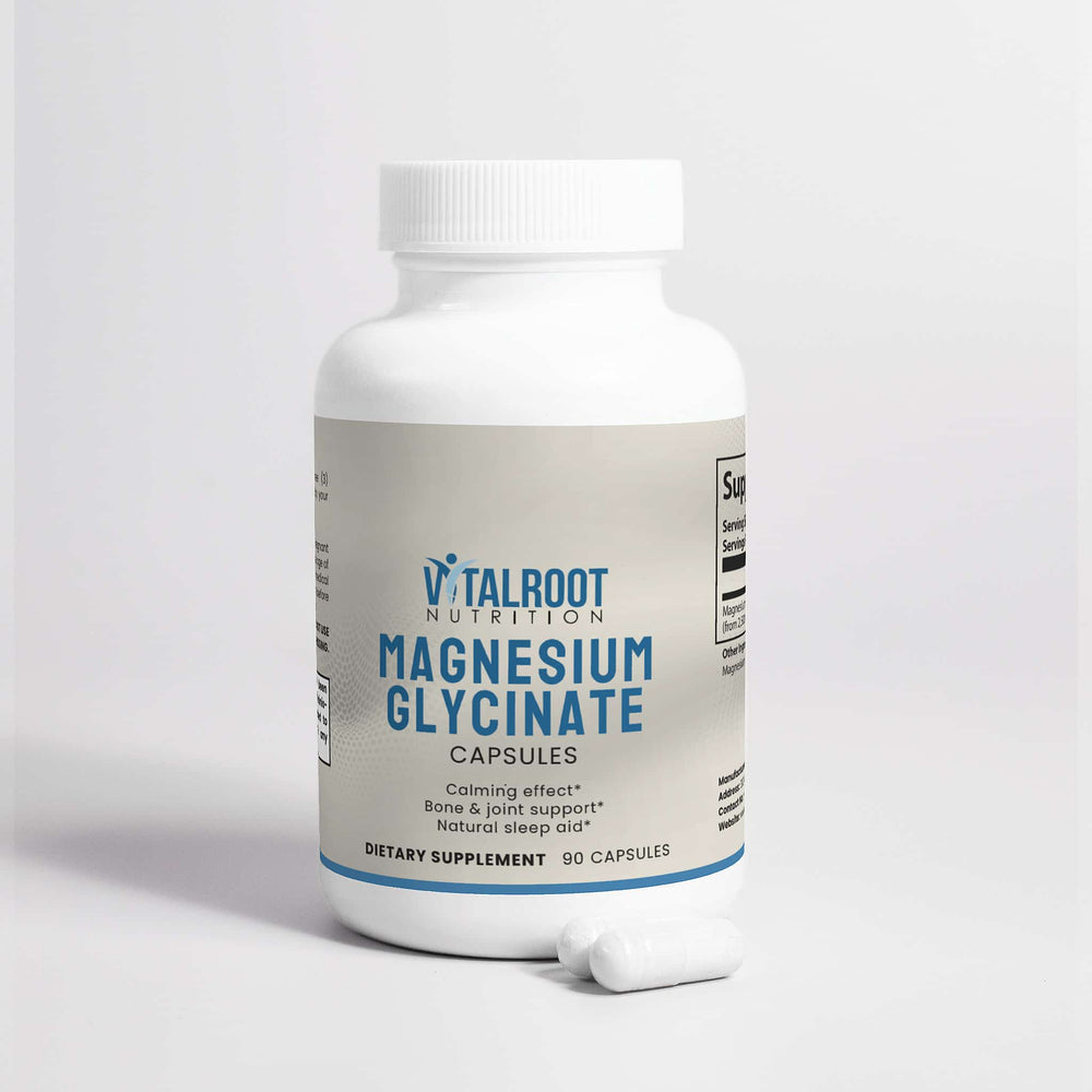Supplement bottle labeled 'Vitalroot Nutrition Magnesium Glycinate' on a light gray background