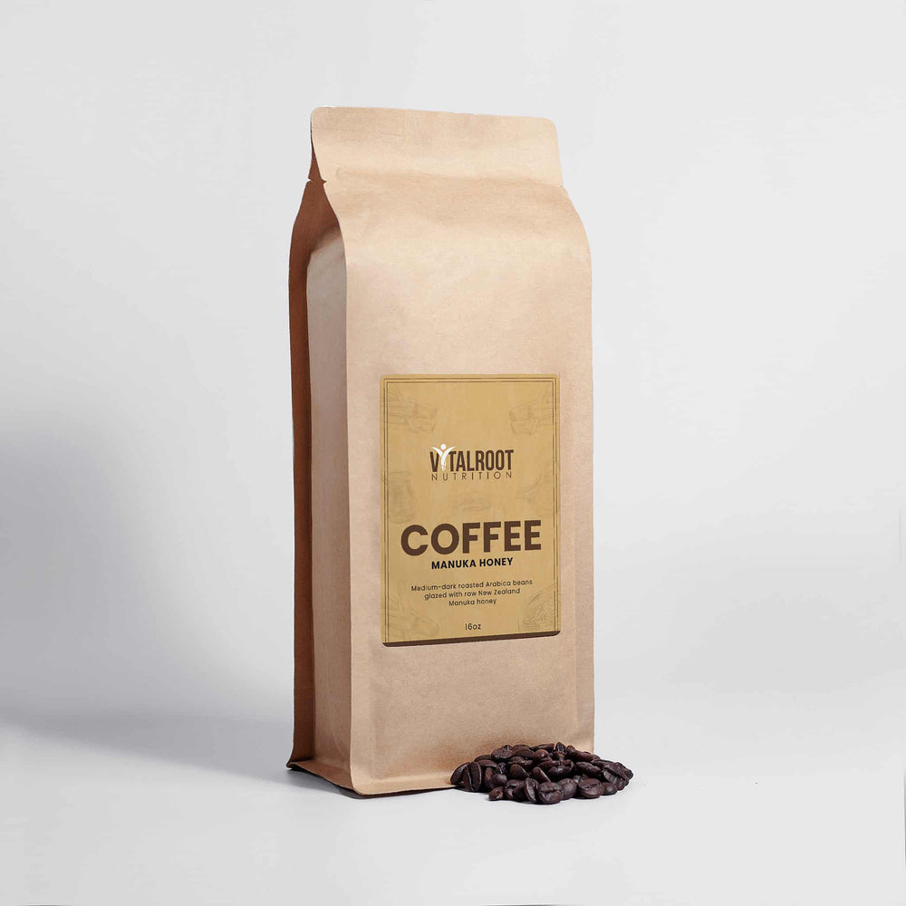 Kraft paper coffee bag with Talroot Nutrition label on a white background