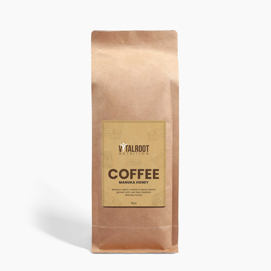 Brown coffee bag with 'Yalroot Nutrition' label on a white background