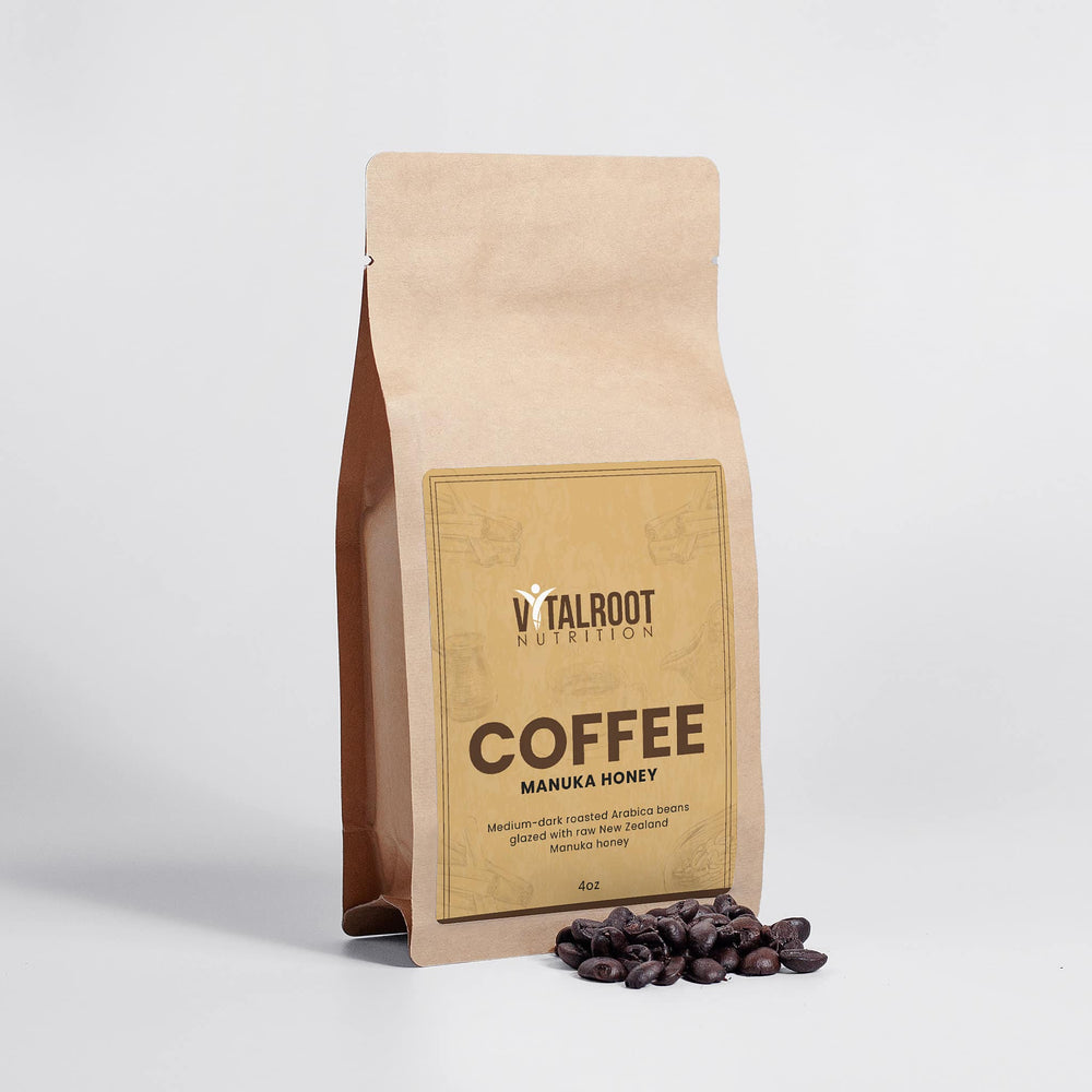 Kraft paper coffee bag with Talroot Nutrition branding on a white background