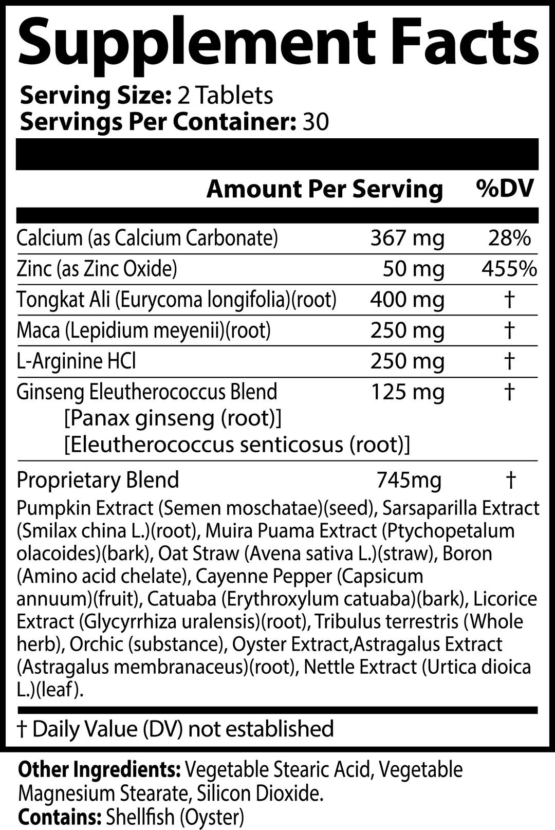 Supplement facts label with detailed ingredient list and serving information.