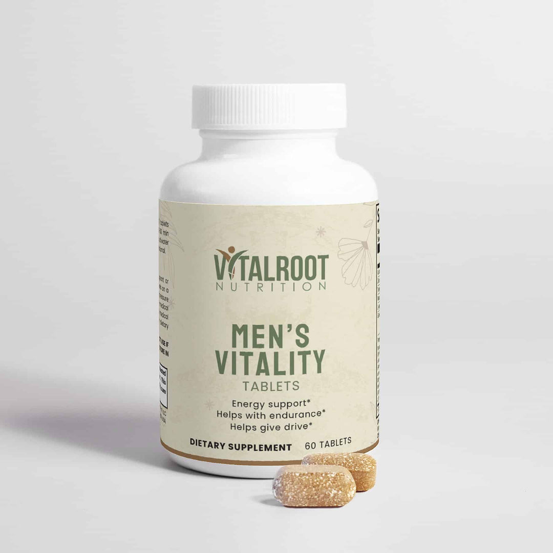 Vitalroot Nutrition Men's Vitality supplement bottle on a light gray background