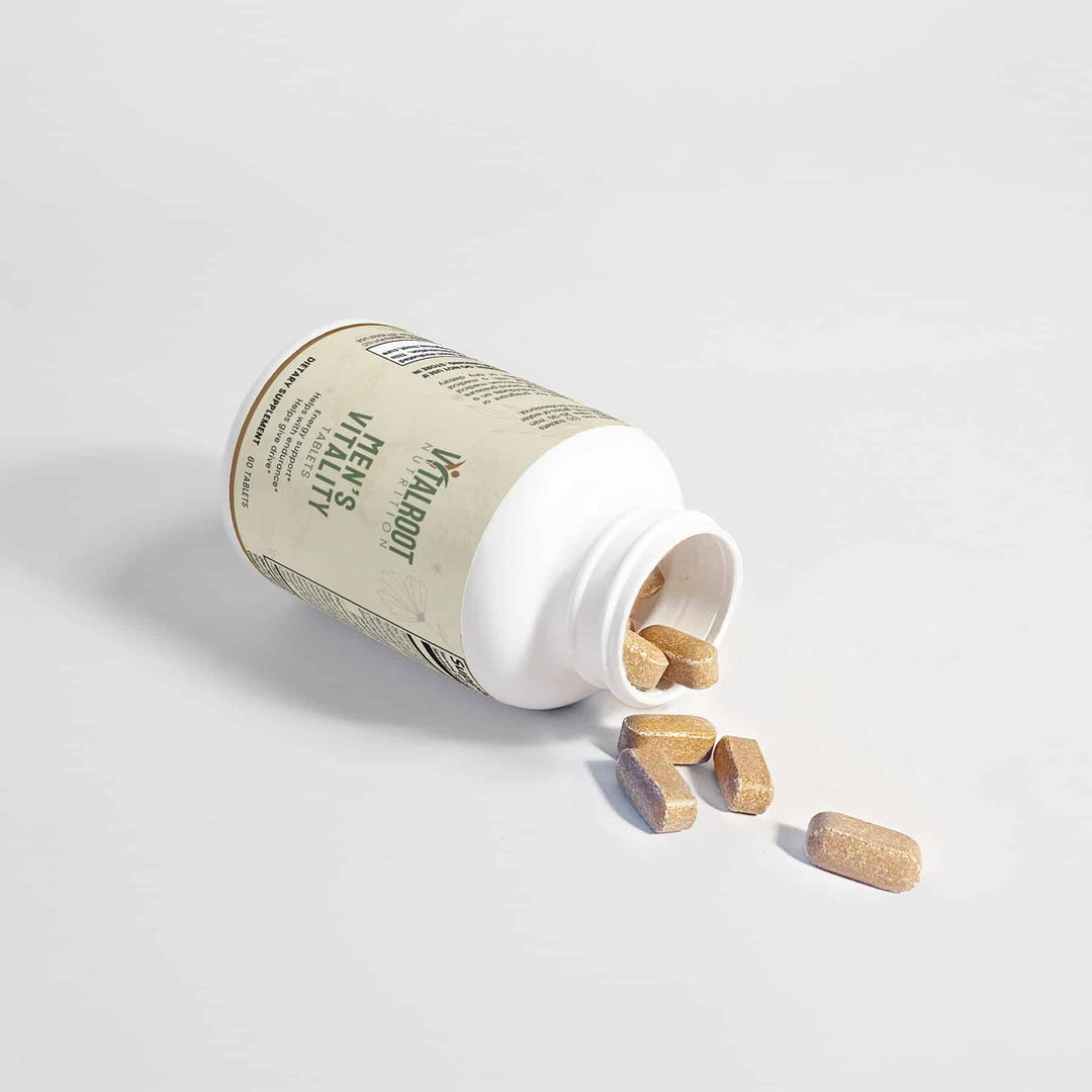 Open supplement bottle with wooden capsules spilling out on a light gray background