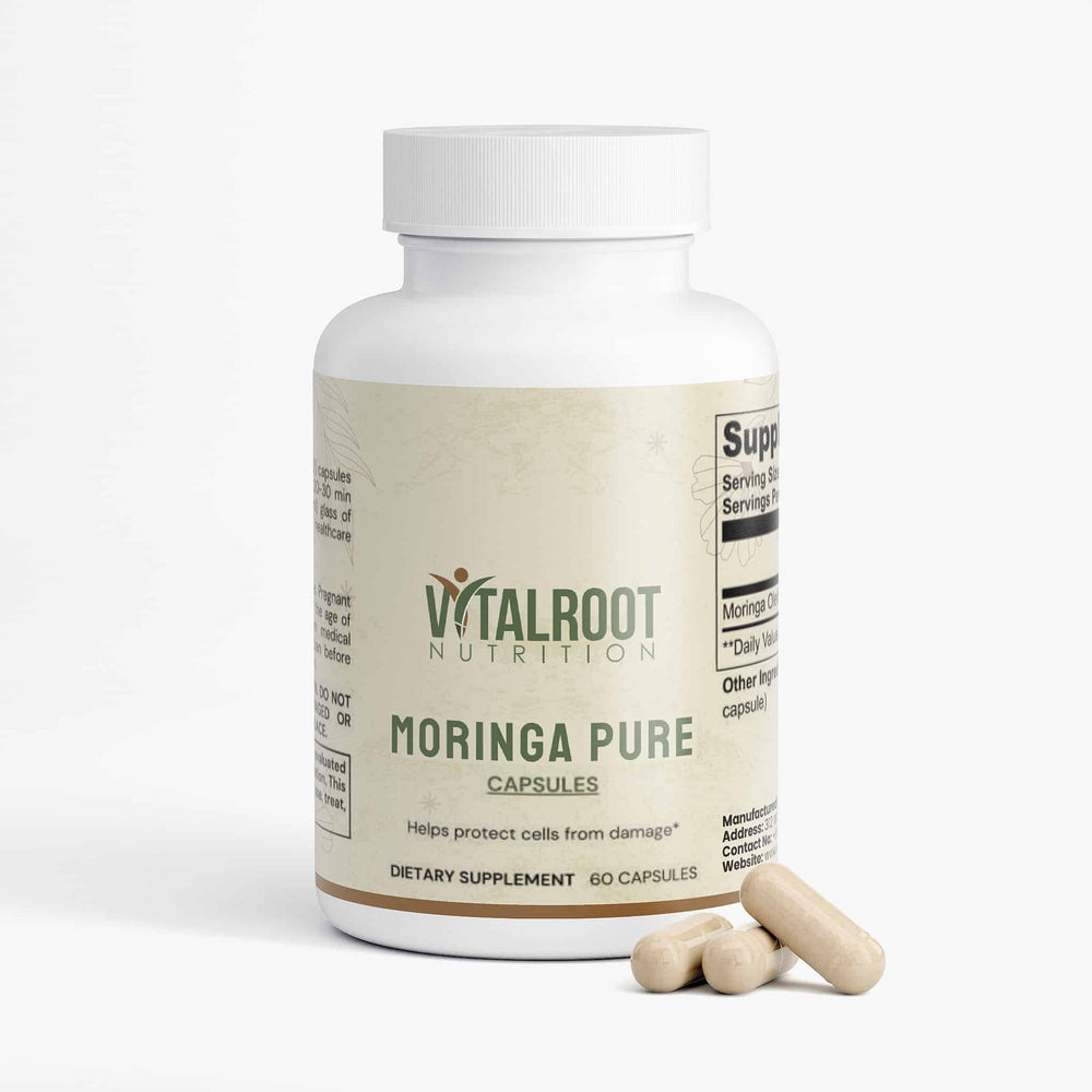 Supplement bottle labeled 'Moringa Pure' by Vitalroot Nutrition on a white background