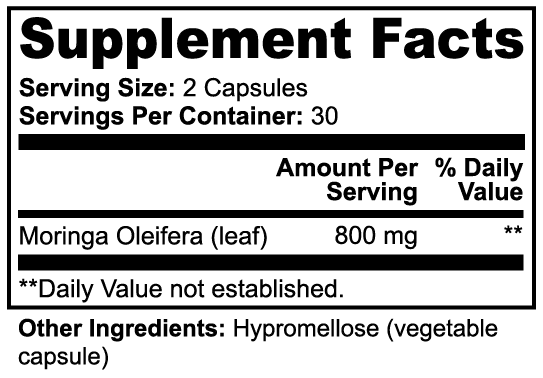 Supplement label with Moringa Oleifera and Hypromellose information