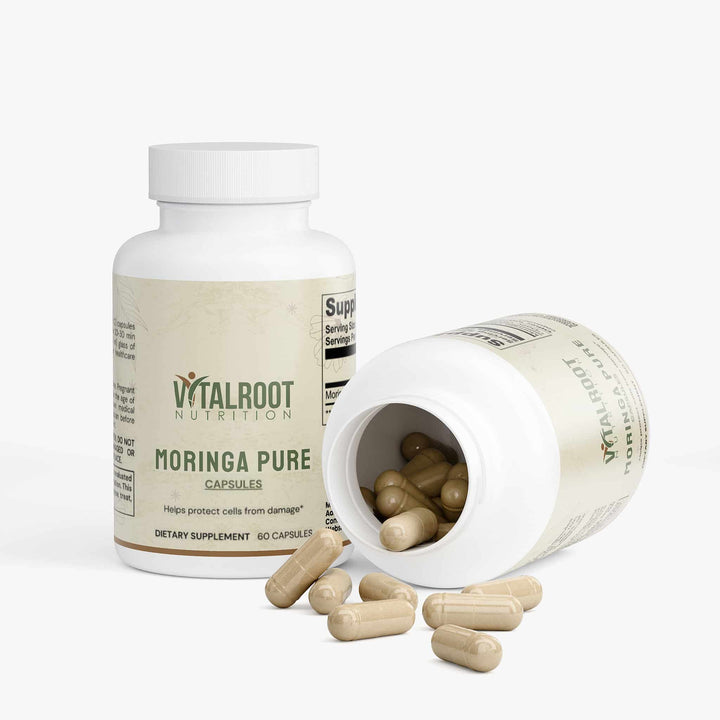 Vitalroot Nutrition Moringa Pure capsules on a white background