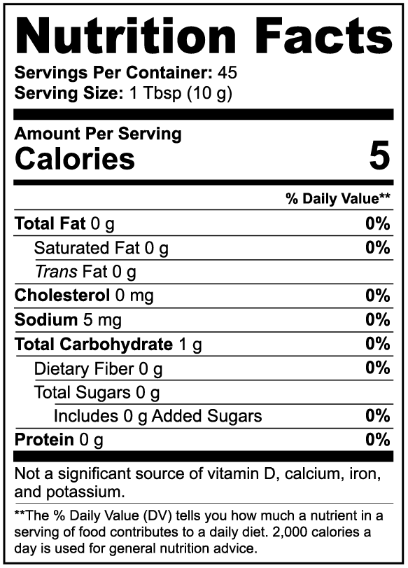 Nutrition facts label for a product with 5 calories per serving