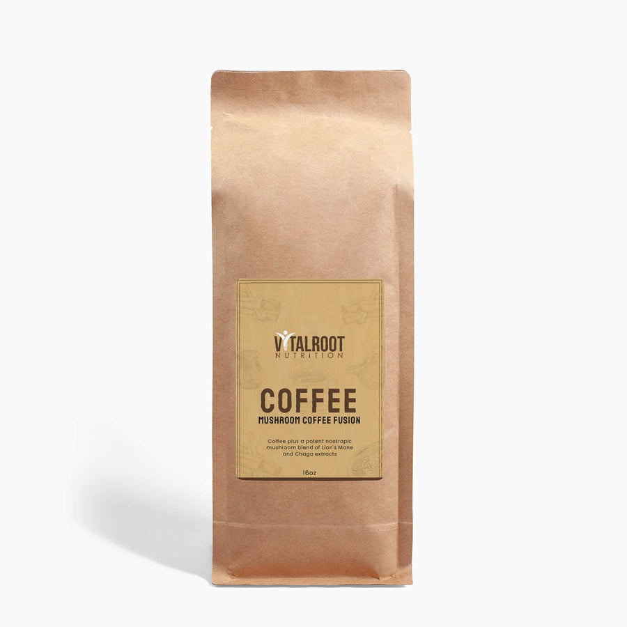 Brown paper coffee bag with Talroot Nutrition label on a white background