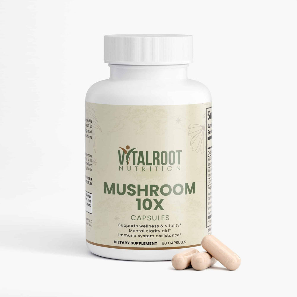 Vitalroot Nutrition Mushroom 10X capsules bottle with two capsules on a white background