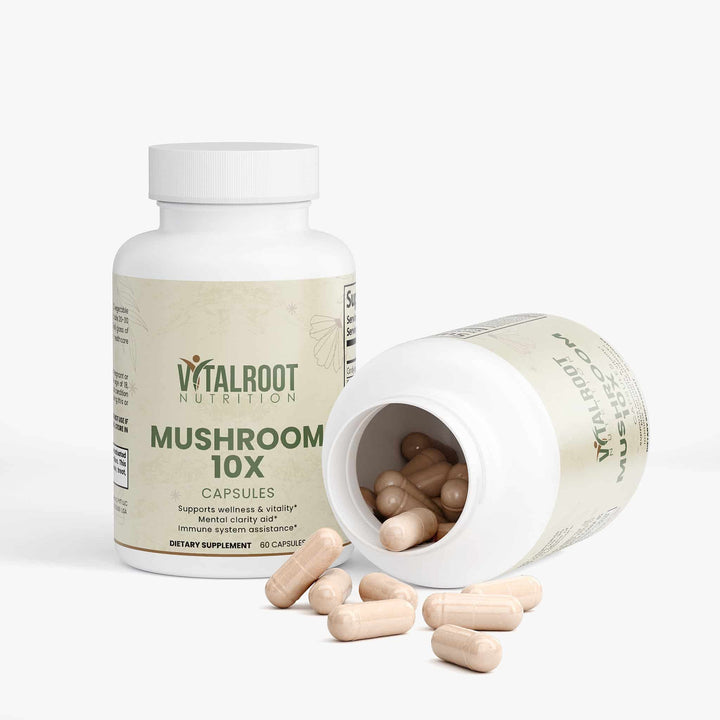 Vitalroot Nutrition Mushroom 10X capsules with open bottle on a white background