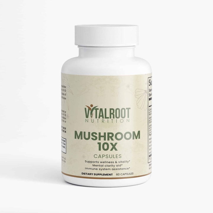 Vitalroot Nutrition Mushroom 10X capsules bottle on a white background