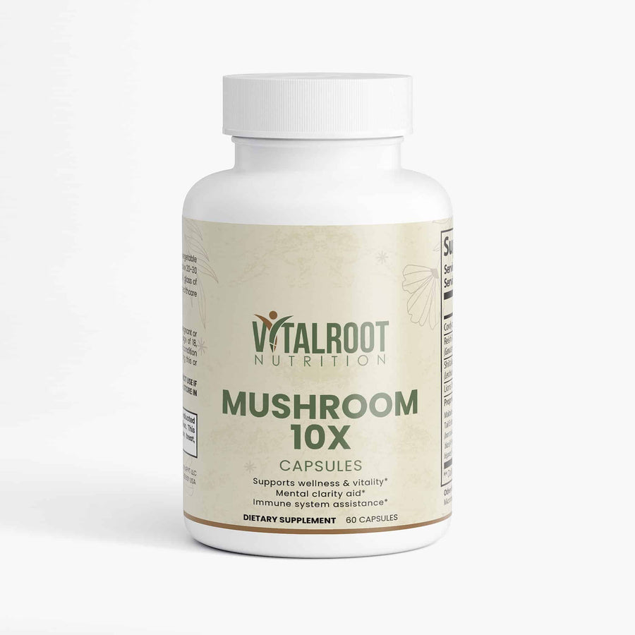 Vitalroot Nutrition Mushroom 10X capsules bottle on a white background