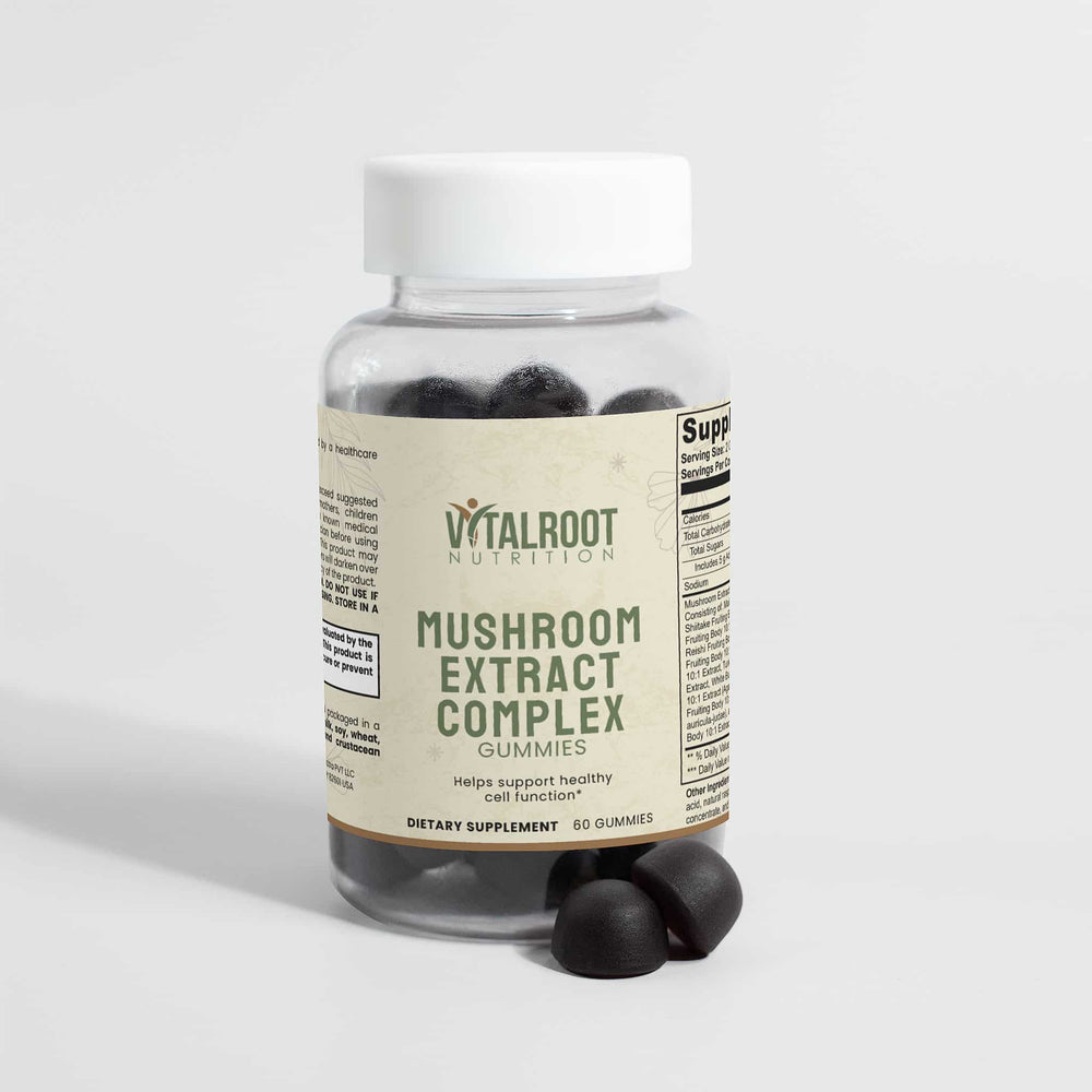 Bottle of Vitalroot Nutrition Mushroom Extract Complex Gummies on a light gray background