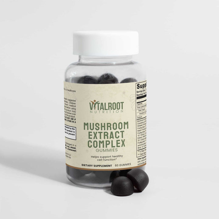 Bottle of Vitalroot Nutrition Mushroom Extract Complex Gummies on a light gray background