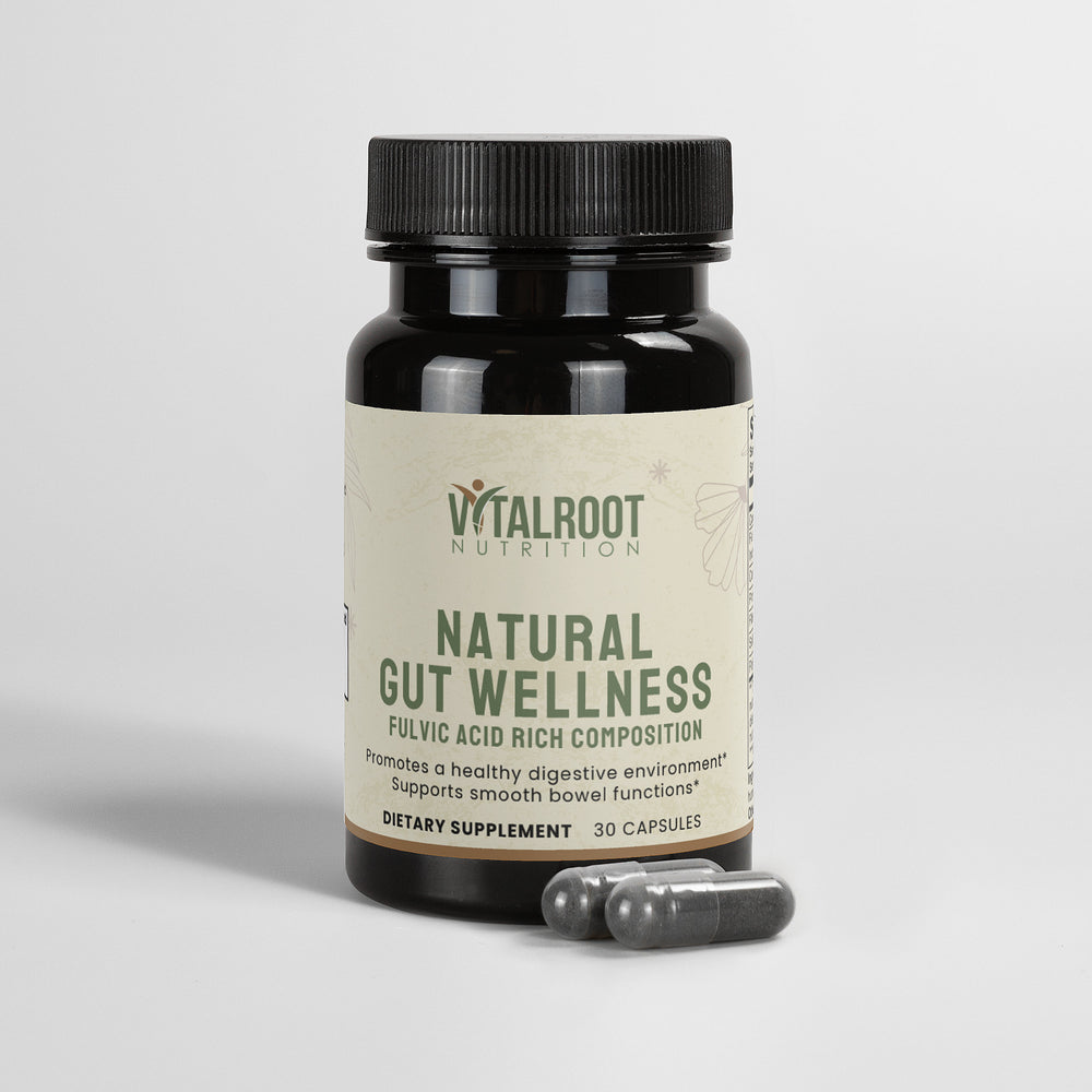Vitalroot Nutrition natural gut wellness supplement bottle on a light gray background