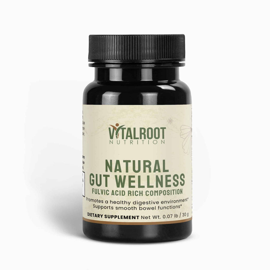 Supplement bottle labeled 'Vitalroot Nutrition Natural Gut Wellness' on a white background