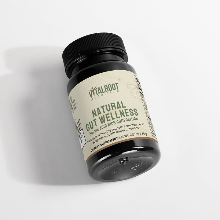 Vitalroot Natural Gut Wellness supplement bottle on a light gray background