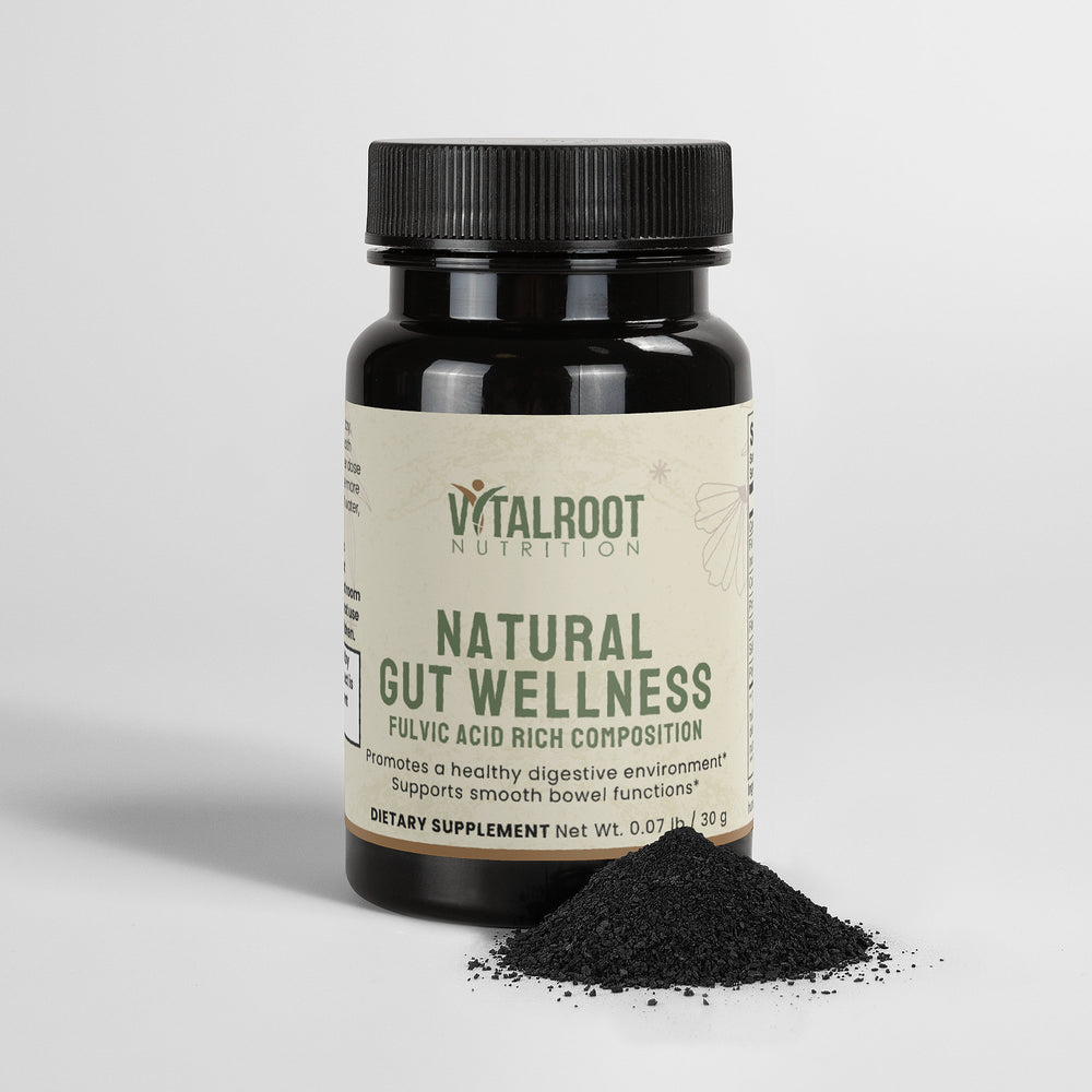 Vitalroot Nutrition natural gut wellness supplement bottle with black powder on a light gray background