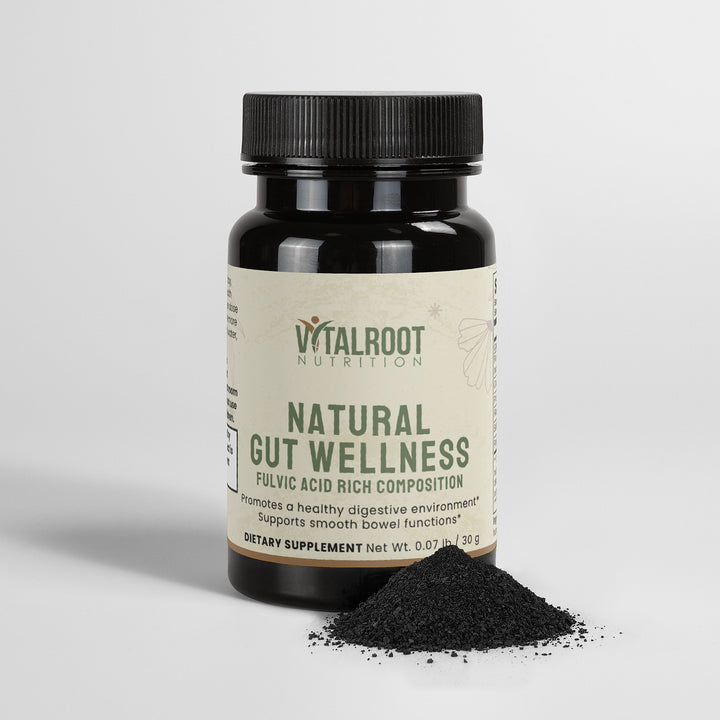 Vitalroot Nutrition natural gut wellness supplement bottle with black powder on a light gray background